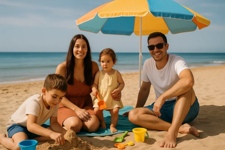 familia con niños en una playa de arena en verano