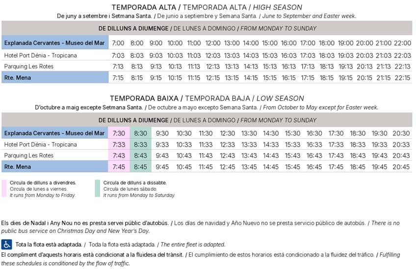 Horarios Línea azul L4 Las Rotas Horarios línea azul L4 Las Rotas a Denia
