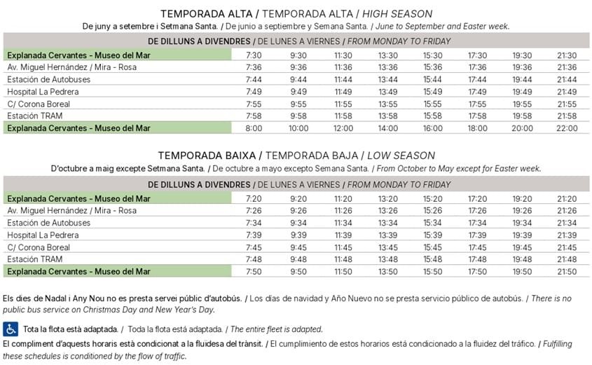 Horarios Línea verde L5 Circular Denia Horarios línea verde L5 Circular Dénia