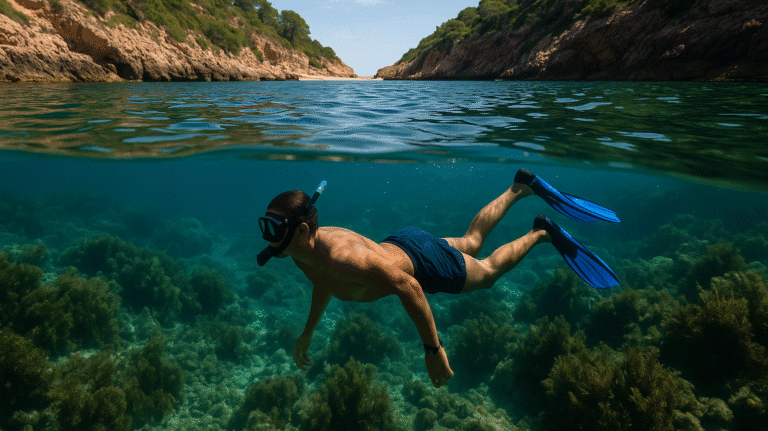 snorkel en denia persona buceando en playa de roca en Denia